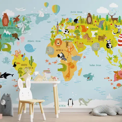 Сolorful Kids World Map with Animals Wallpaper Mural