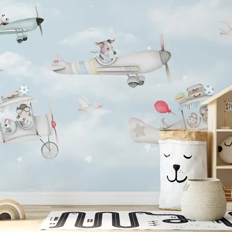 Cartoon Aircraft wih Cute Animal Wallpaper Mural