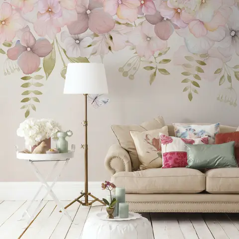 Pink Hydrangea Floral Art Wallpaper Mural