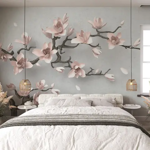 3D Look Pink Magnolia Blossom Wallpaper Mural
