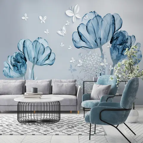Blue Transparent Floral and White Butterflies Wallpaper Mural
