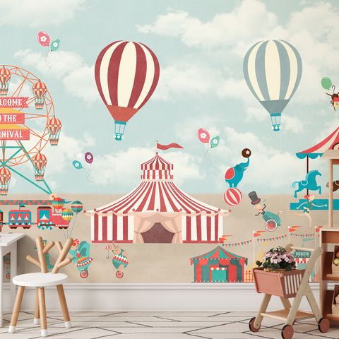 Red Circus with Hot Air Balloon Wallpaper Mural