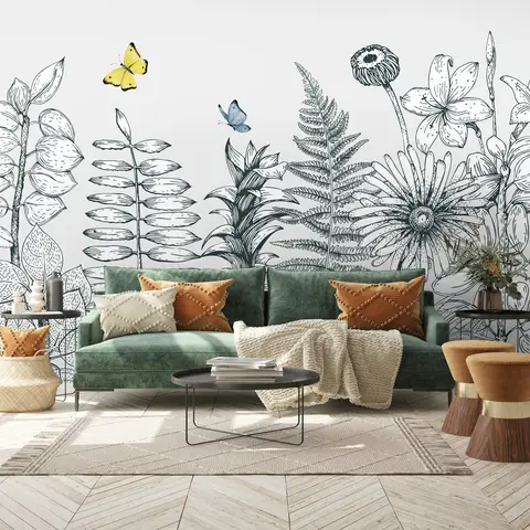 Charcoal Leaf and Flower Wallpaper Mural