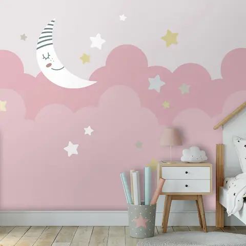 Cartoon Pink Sky and Moon Wallpaper Mural