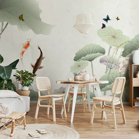 Watercolor Lotus Flower and Butterflies Wallpaper Mural