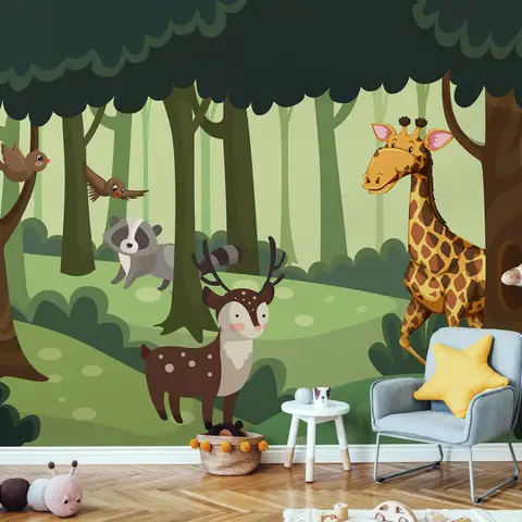 Papier peint animaux de dessins animés dans la forêt