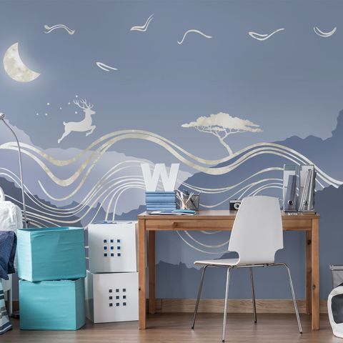 Watercolor Abstract Lines and Horned Deer Wallpaper Mural