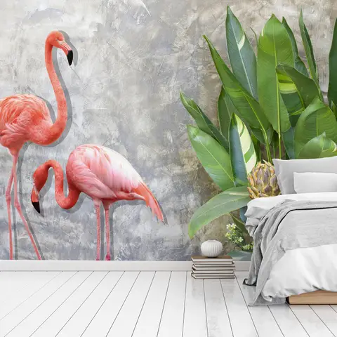 3D Look Pink Flamingo with Tropical Leaves Wallpaper Mural