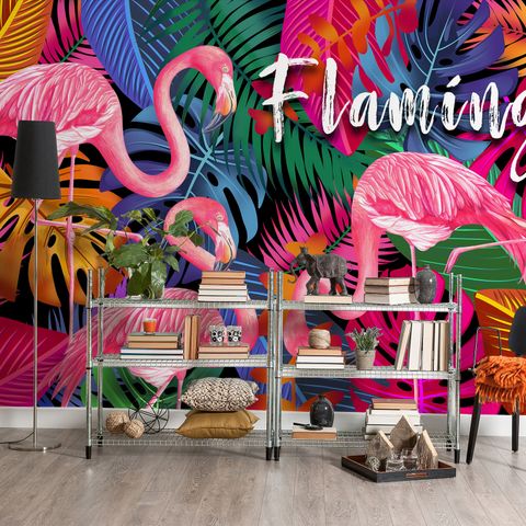 Pink Flamingo with Colorful Leaf Wallpaper Mural