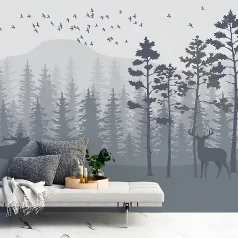 Monochrome Mountain and Forest Scape Wallpaper Mural