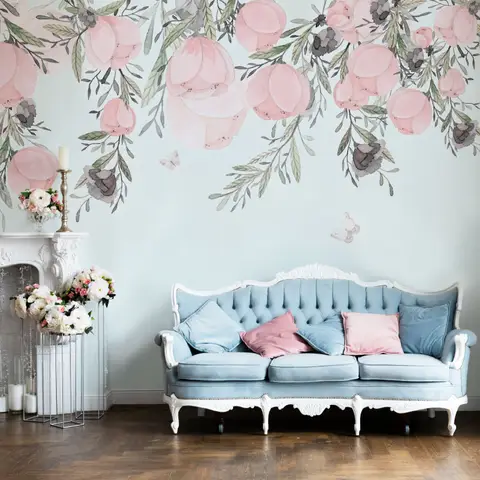 Vintage Pink Vine Flowers Wallpaper Mural