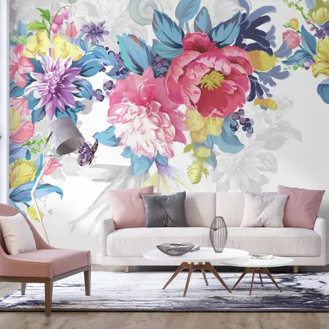 Watercolor Colorful Peony Flowers Wallpaper Mural