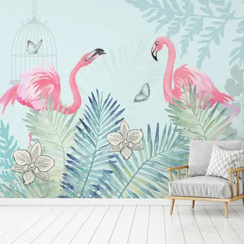 Vintage Pink Flamingo with Tropical Leaves Wallpaper Mural