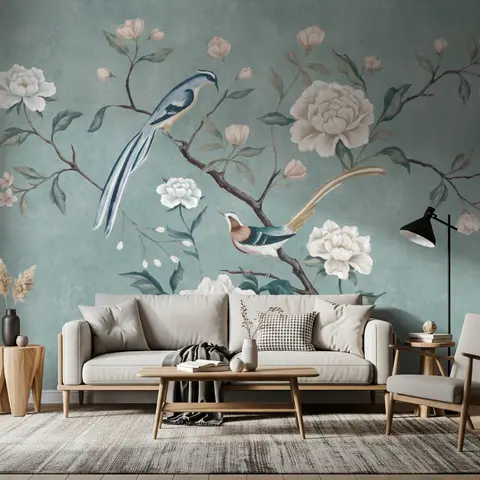 Papier peint panoramique floral et hirondelle, pivoine, vintage