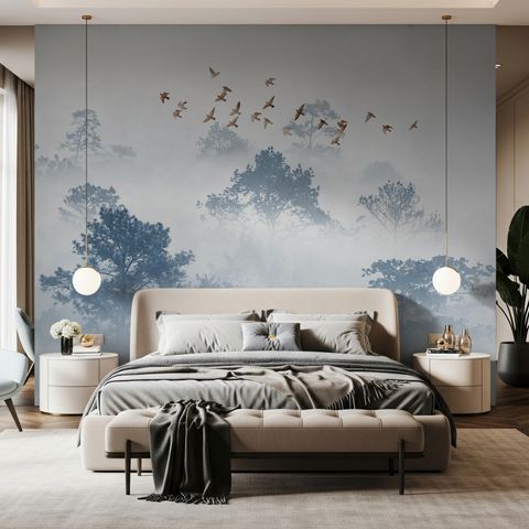 Misty Forest with Birds Wallpaper Mural