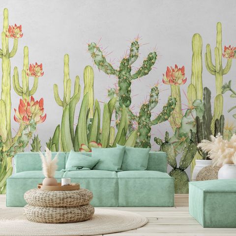 Watercolor Desert Floral and Cactus Wallpaper Mural