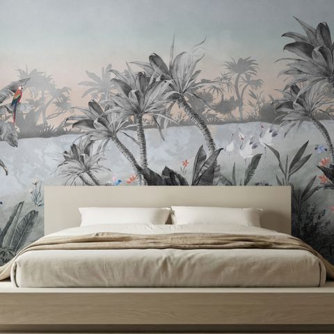 Bunte Papagei und niedlicher Affe mit weicher Wald-Fototapete