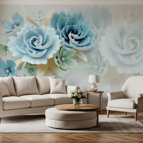 European Style 3D Blue Green Floral Wallpaper Mural