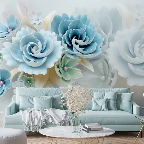 European Style 3D Blue Green Floral Wallpaper Mural