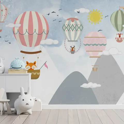 Kids Cartoon Mountain Landscape and Hot Air Balloon Wallpaper Mural