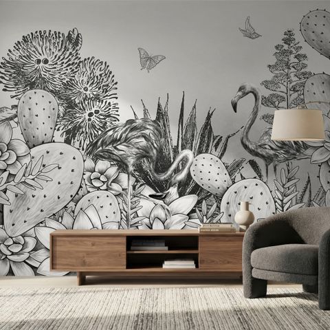 Papier peint panoramique dessin monochrome cactus floral avec flamant rose
