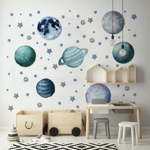 Watercolor Planets and Stars Wall Decal Sticker
