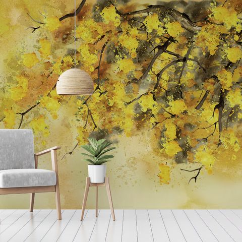 Watercolor Yellow Tree Landscape Wallpaper Mural