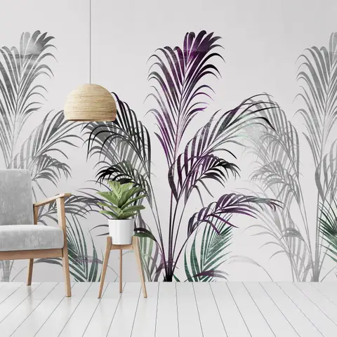 Tropical Fresh Purple Green Palm Leaves Wallpaper Mural