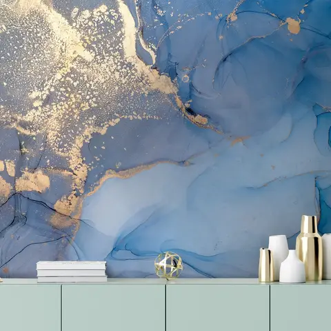 Blue Gold Look Marble with Splash Wallpaper Mural