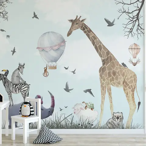 Kids Watercolor Woodland Animals with Giraffe Zebra Hippopotam Wallpaper Mural