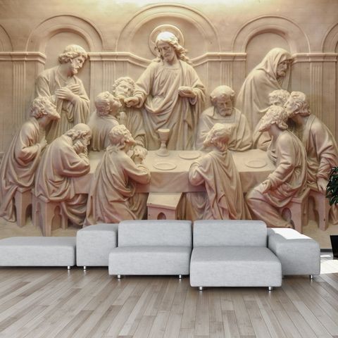 3D Embossed Look Cement Religious Sculpture Wallpaper Mural