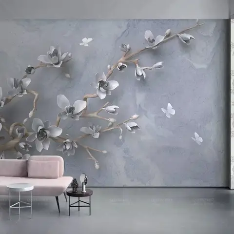 3D Embossed Look Magnolia Blossom and Butterfly Wallpaper Mural