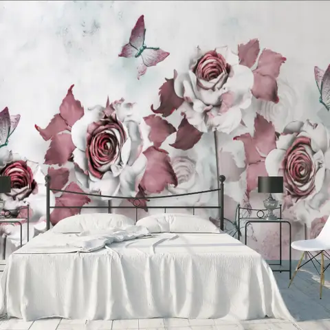 3D Look Floral with Little Butterfly Wallpaper Mural