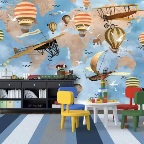 3D Look Kids World Map with Hot Air Balloon Wallpaper Mural