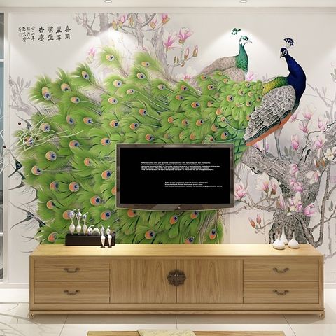 3D  Look Colorful Peacock with Cherry Blossom Wallpaper Mural
