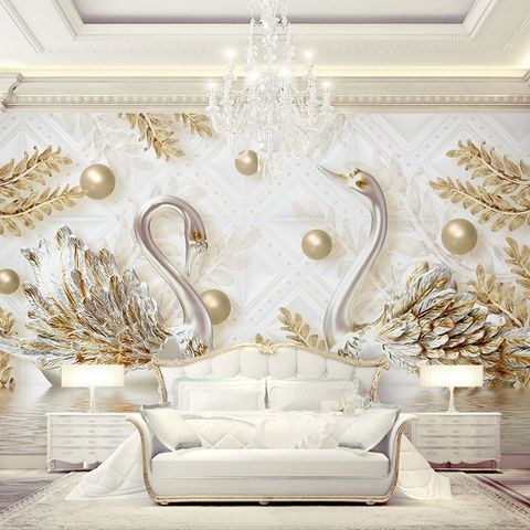 3D Look Swan and Leaf with Water Pattern Wallpaper Mural