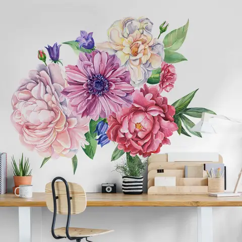 Watercolor Pink Peony Tulip Daisy Floral Bouqet Wall Decal Sticker