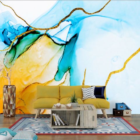 Blue Yellow Watercolor Brush with Modern Lines Wallpaper Mural
