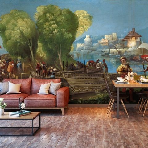 Medieval Lake Landscape with Boats Wallpaper Mural
