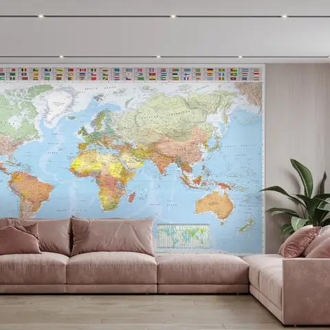 Political World Map and Country Flags Wallpaper Mural