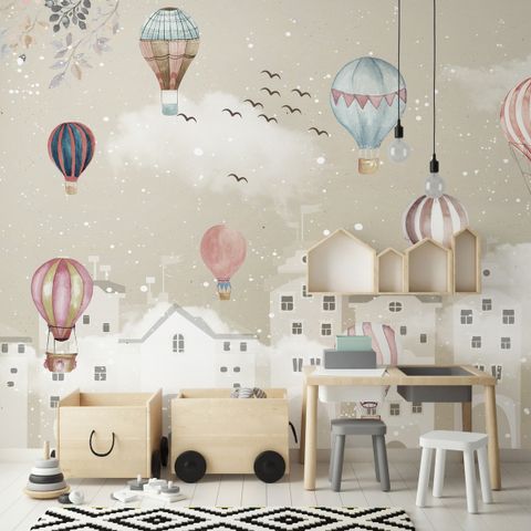 Kids Nursery Cartoon Winter and Little Hot Air Balloon Wallpaper Mural