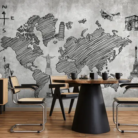 Monochrome World Map Wallpaper Mural