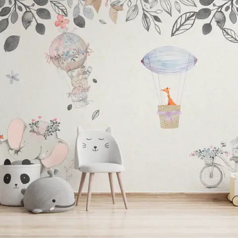 Baby Elephant with Hot air Balloons Wallpaper Mural