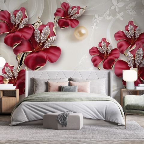 Crystal Red Floral Art Wallpaper Mural