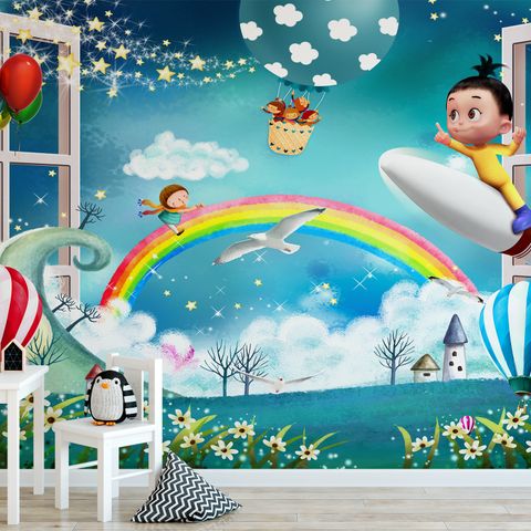 Cartoon Boo Monsters and Hot Air Balloon Wallpaper Mural