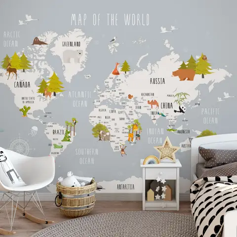 Kids World Map with Cartoon Animals Wallpaper Mural