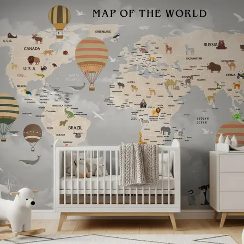 Papier peint carte monde montgolfière vintage enfants