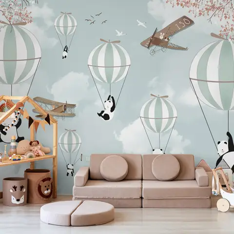 Cartoon Pandas with Hot Air Balloons Wallpaper Mural