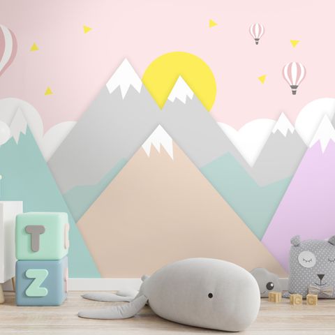 Pink Mountainscape and Hot Air Balloon Wallpaper Mural