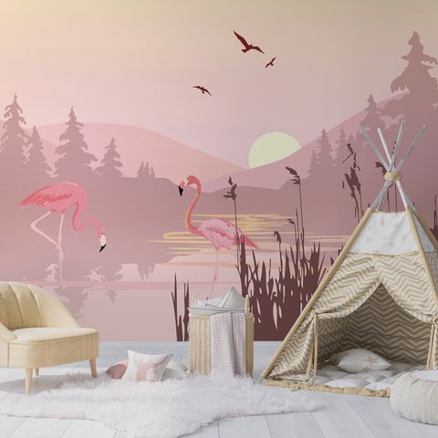 Pink Sunrise Landscape with Flamingos Wallpaper Mural